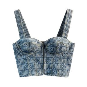 Moschino Blue Denim Logo Bustier Crop Top